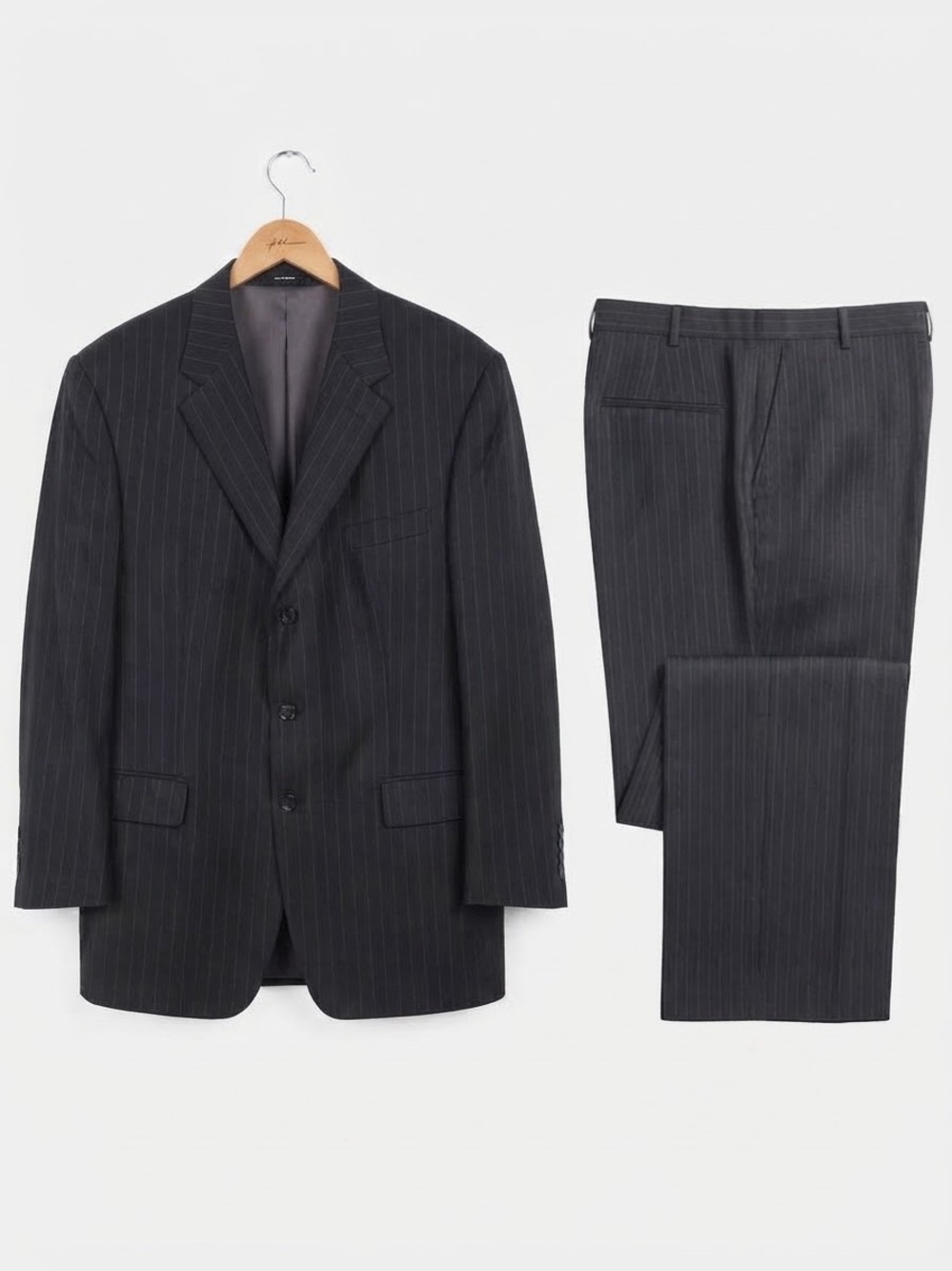 Chaps Ralph Lauren 46R 38x31 Black  Pinstripe 2pc Suit 100% Wool VTG 90s EUC